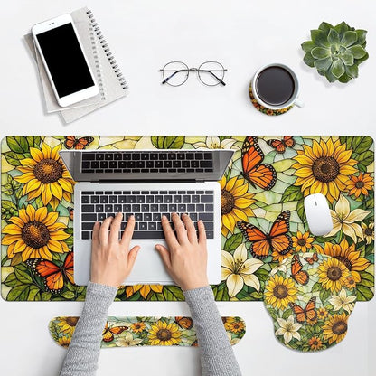 Britimes Yellow Sunflower Butterfly Keyboard Mouse Pad Set Floral Vintage 4in1 Large Mousepad+Keyboard Wrist Rest+Mouse Wrist Rest+Coaster Ergonomic Design for Home Office Computer 35.4x15.7 inches