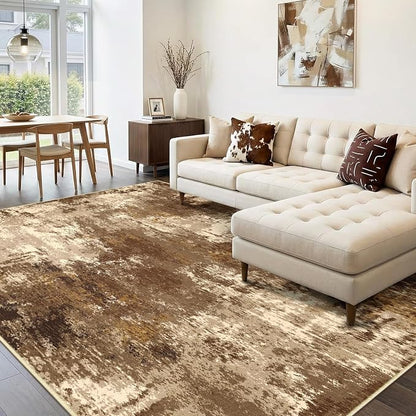 RELEANY Washable Area Rugs 6'x9' Non-Slip Modern Abstract Soft for Living Room Entryway Bedroom Kitchen, Print Pattern, Brown Tan Beige Coffee