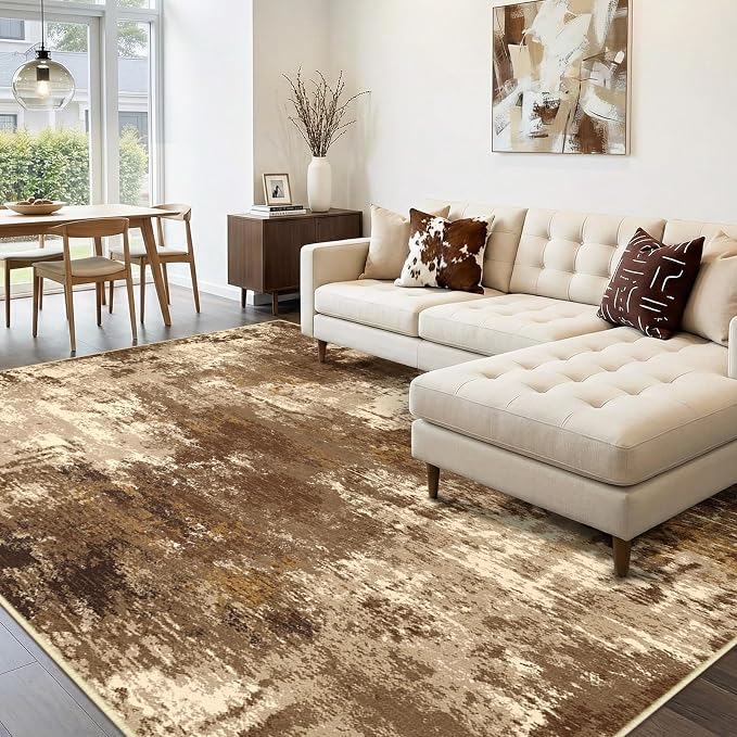 RELEANY Washable Area Rugs 8'x10' Non-Slip Modern Abstract Soft for Living Room Entryway Bedroom Kitchen, Print Pattern, Brown Tan Beige Coffee