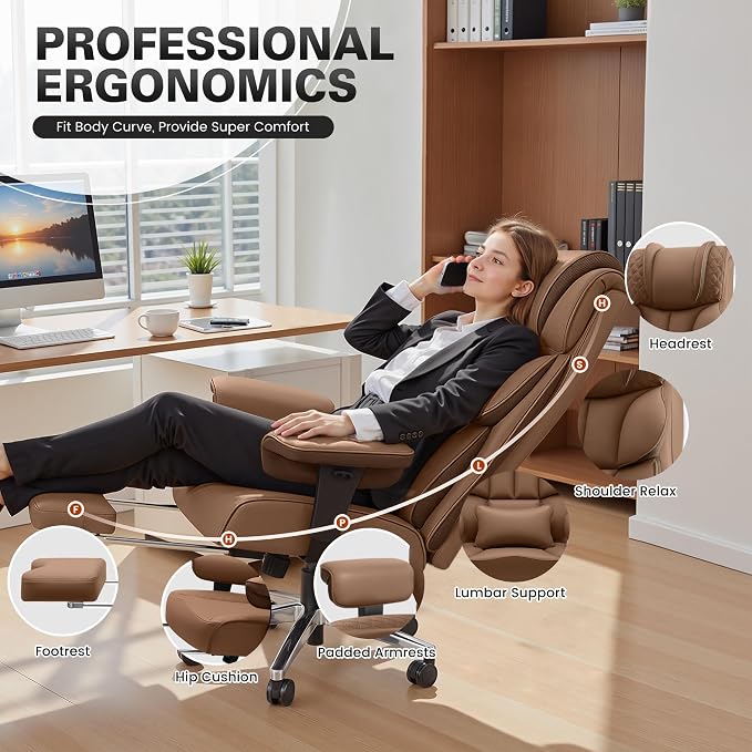 BestGlory Office Desk Chair, Big and Tall Leather Gaming Chair with Footrest, Ergonomic Comfy Executive High-Back Reclining Computer Chairs, Wide Swivel Rolling Wheels and Padded Lumbar Support,