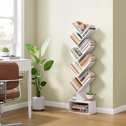 Hoctieon 9 Tier Tree Bookshelf, Tall Bookcase with Drawer, Wood Book Shelf, Modern Floor Standing Bookshelves, Book Organizer Shelves for Bedroom, Living Room, Home Office, White