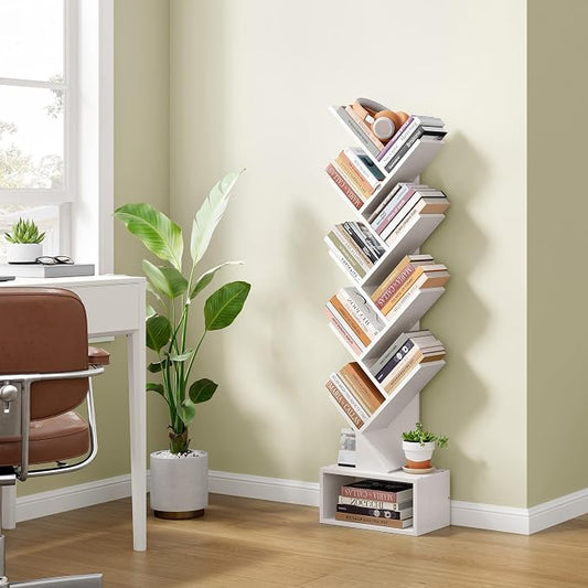 Hoctieon 9 Tier Tree Bookshelf, Tall Bookcase with Drawer, Wood Book Shelf, Modern Floor Standing Bookshelves, Book Organizer Shelves for Bedroom, Living Room, Home Office, White