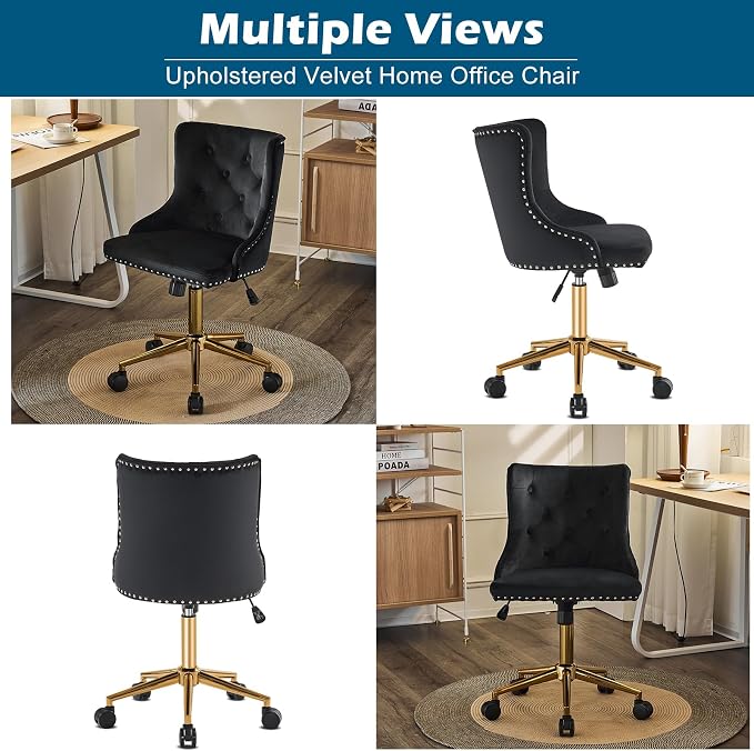 VINGLI Black Velvet Armless Home Office Desk Chair with Gold Base/Wheels, Small Cute Vanity/Makeup Chair with Back for Bedroom, Upholstered Adjustable Rolling Swivel Nail Chair for Women/Girls