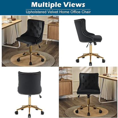 VINGLI Black Velvet Armless Home Office Desk Chair with Gold Base/Wheels, Small Cute Vanity/Makeup Chair with Back for Bedroom, Upholstered Adjustable Rolling Swivel Nail Chair for Women/Girls