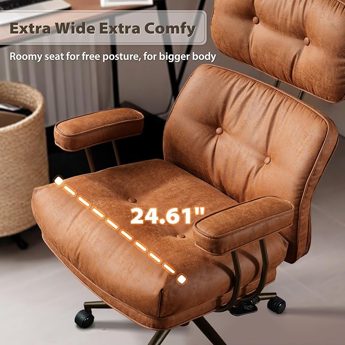 HOOOWOOO Ergonomic Office Chair,Mid Century Modern Computer Desk Chair,Comfy Executive Chair with Extra Wide Tufted Cloudy Seat Lumbar Support High Reclining Back,Suede Leather Cognac Brown