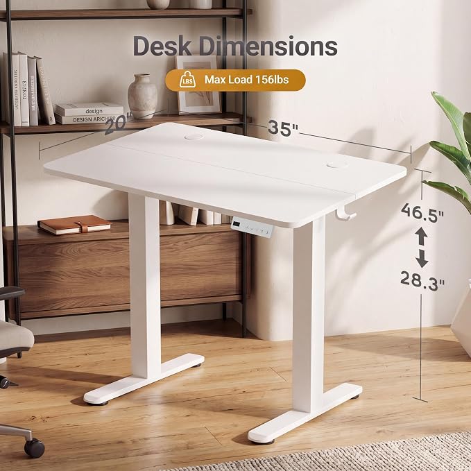 Claiks Electric Standing Desk 35 x 20 Inches, Compact Adjustable Height Motorized Sit Stand Desk with 3 Memory Presets & Cable Management, Space-Saving Computer Workstation for Bedroom, White