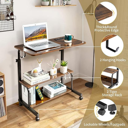 Karl home 31.5" Portable Rolling Desk on Wheels,Height Adjustable Standing Desk with 2 AC Outlets/3 USB Ports,Mobile Laptop Table with Hooks and Storage Shelves for Home Office，Rustic Brown