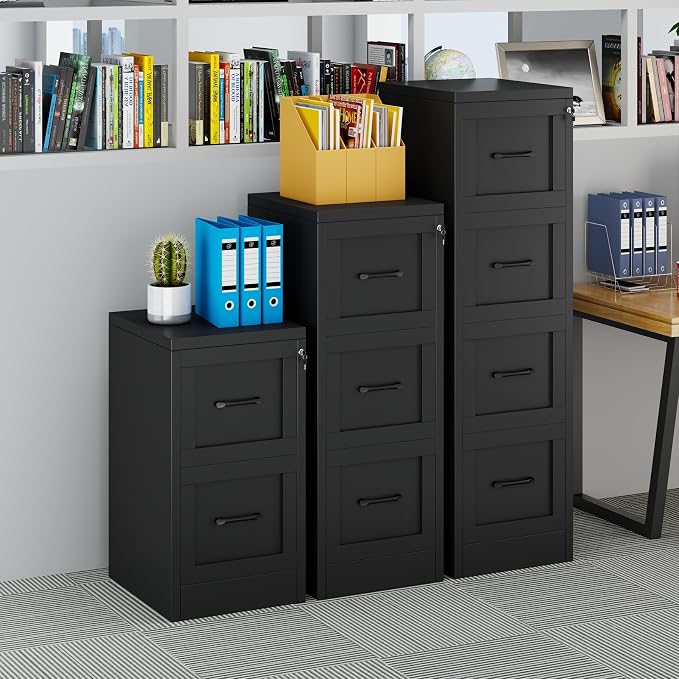 Small Metal 3-Drawer File Cabinet, Under-Desk Filing Cabinet, Black | Locking, Adjustable Hanging Rail, Fit A4, FC, Letter, Hanging File Folders for Home Office Storage Organization, 1PS