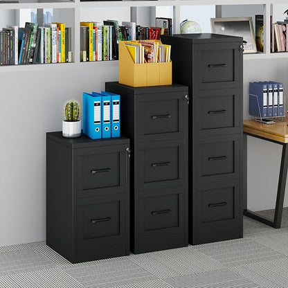 Small Metal 4-Drawer File Cabinet, Under-Desk Filing Cabinet, Black | Locking, Adjustable Hanging Rail, Fit A4, FC, Letter, Hanging File Folders for Home Office Storage Organization, 2PS