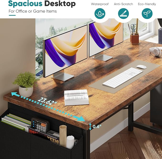 OLIXIS 63 Inch Computer Desk for Home Office, Writing Study Craft Gaming Table, Modern Computer Workstation with Storage Bag and Headphone Hook for Bedroom Small Spaces, Rustic Brown