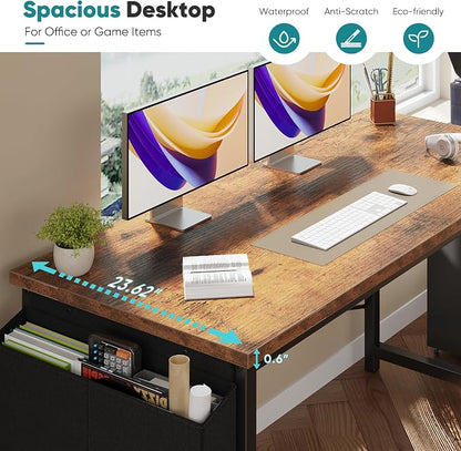 OLIXIS 63 Inch Computer Desk for Home Office, Writing Study Craft Gaming Table, Modern Computer Workstation with Storage Bag and Headphone Hook for Bedroom Small Spaces, Rustic Brown