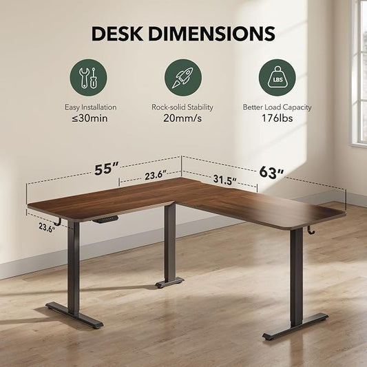 Cubiker Reversible L Shaped Standing Desk - 63 x 55 Inch Electric Adjustable Height Corner Standing Desk, Ergonomic Sit Stand Up Table with 3 Memory Buttons, Splice Board for Home Office, Black Walnut