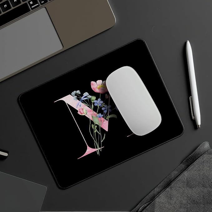 Mouse Pad Pinks Flowers Initial Letters Mousepad Desktop Laptop Computer Accessories Home Office Gaming Work Desk Computer Non-Slip Rubber Monogram Floral Alphabet A-Z mousepad (M)