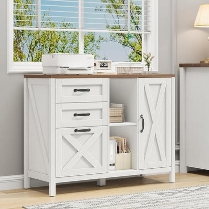 Halitaa 3 Drawer File Cabinet, Farmhouse Style Lateral Filing Cabinet Suitable for Letter or A4 Size Files, Wooden Home Office Storage with Adjustable Shelf and Printer Stand, White and Brown
