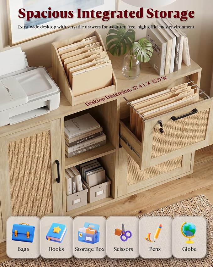 HOPUBUY 2 Drawer File Cabinet with Lock, Large Rattan Filing Cabinets with Door & Open Shelves,Wide Wood Rolling Office Storage Cabinet on Wheels for Home, Natural
