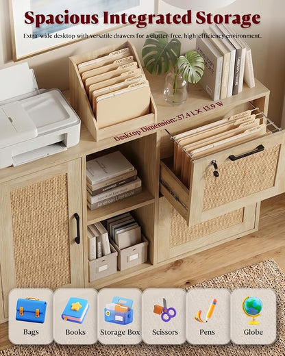 HOPUBUY 2 Drawer File Cabinet with Lock, Large Rattan Filing Cabinets with Door & Open Shelves,Wide Wood Rolling Office Storage Cabinet on Wheels for Home, Natural