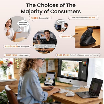 SABLUTE MAM51 Ergonomic Mouse Wireless with Side Scroll Wheel, Bluetooth Mouse with 4000 DPI, 8 Buttons Office Wireless Computer Mouse, Small to Medium Sized Hands Vertical Mice for PC and Desktop