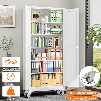 pozdeg 75" Metal Garage Storage Cabinets with Wheels, Lockable Rolling File Cabinets with 2 Doors and 5 Adjustable Shelves, Steel Tool Organizer Locker for Office Home Garage Gym School, White