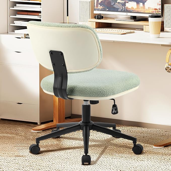 Armless 20" Wide Office Desk Chair, Comfy Desk Chair with Wheels Adjustable Height Swivel Rolling Chairs for Small Space Home Office Bedroom Study Vanity, Sherpa Mint-Green/PU