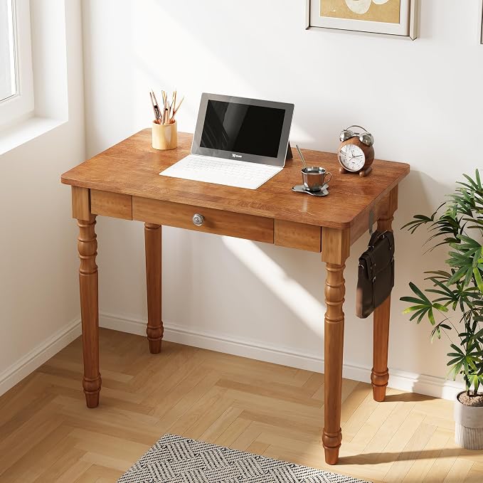 Vintage Solid Wood Writing Desk - 31.5" Mid Century Modern Desk with Drawer, Small Wooden Computer Desks for Home Office, Secretary Desks, Traditional Vanity Dressing Table for Bedroom, Walnut