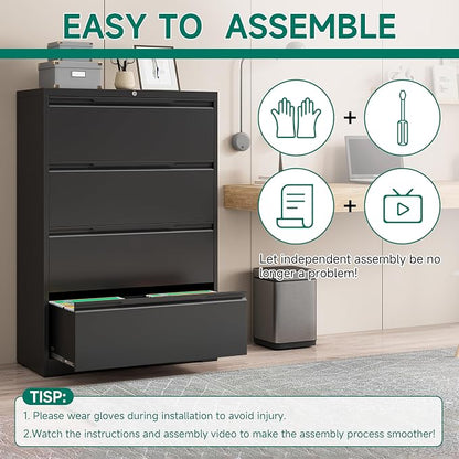 Metal Steel Filling Cabinets for Home Office - 4 Drawer Lockable Lateral File Cabinet for Hanging Files Letter/Legal/F4/A4 Size, Assembly Required - Black
