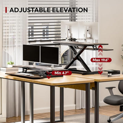 SANODESK 42" Standing Desk Converter, Large Sit-Stand Riser for Dual Monitors & Laptop, Stable Multi-Device Workstation with Keyboard Tray, Home Office Desktop Converter, Walnut