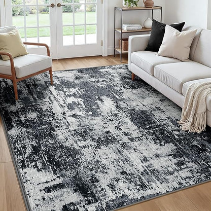 RELEANY Washable Area Rugs Square 7ft Non-Slip Modern Abstract Soft for Living Room Entryway Bedroom Kitchen, Print Pattern, Black Navy Blue Gray