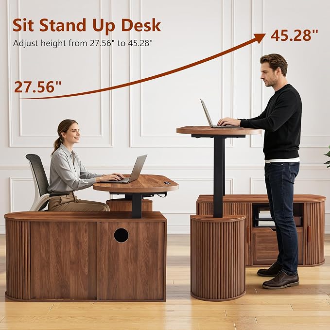 55" L Shaped Standing Desk with Storage, Electric Desk Height Adjustable Executive Desk with File Drawer, Simple Setup Wood Desk Office Sit Stand up Desk for Work, Study, Writing, Walnut