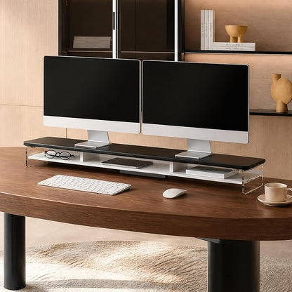 Fenge Acrylic Monitor Stand Riser, 42.5 Inches Dual Monitor Stand with Metal Storage, 2 Tier Acrylic Computer Riser for Desk, Clear Laptop Stand for PC, Laptop, Printer, TV, Black