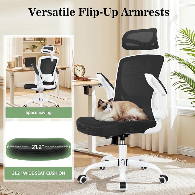 BESTFAIR Office Chair Ergonomic Desk Chair, Breathable Mesh Office Chairs with Adjustable Lumbar Support, Flip-Up Arms, Computer Desk Chair Comfy for Home Office, White