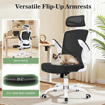 BESTFAIR Office Chair Ergonomic Desk Chair, Breathable Mesh Office Chairs with Adjustable Lumbar Support, Flip-Up Arms, Computer Desk Chair Comfy for Home Office, White