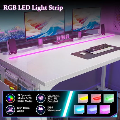 DurayLoly 40" Computer Desk with Waterproof LED Lights,Bedroom Study Desk for Teens,Dorm Room Essentials,Headphone Hook&Storage Bag for Small Spaces,Sturdy Metal Frame,White