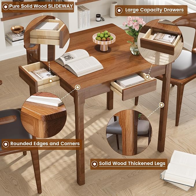 Solid Wooden Desk with Drawers - 29.5” Square Dining Table for 2-4 People, Rubberwood Mid Century Modern Desks, Small Writing Desk for Small Spaces|Bedroom|Kitchen|Apartment - Walnut Desks