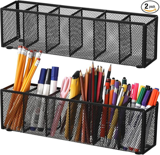 2 Pcs Metal Mesh Pen Holder, 6 Compartments Pencil Caddy, Large Capacity Desk Organizer with Anti-Slip Pads, Desktop Stationery Storage Box for Home, Office
