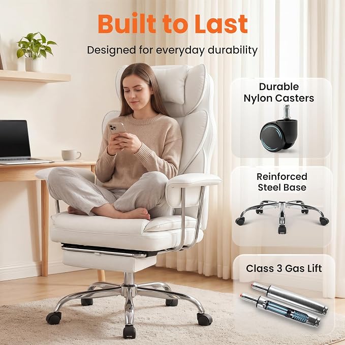 NEO CHAIR Big and Tall Office Chair Gaming Computer Chair High Back Heavy Duty Desk Chai with Lumbar Support Adjustable Recliner Footrest Wide Seat Leather Executive Home with Wheels (Leather White)