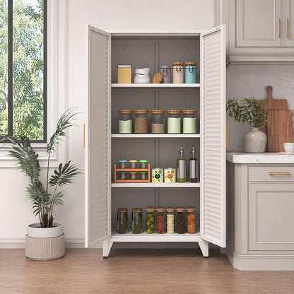kastfh White Metal Storage Cabinet with Doors and 3 Adjustable Shelves, 61" Tall 4-Tier Pantry Storage Cabinet for the Kitchen, Living Room, Bedroom, Home, Bathroom and Office