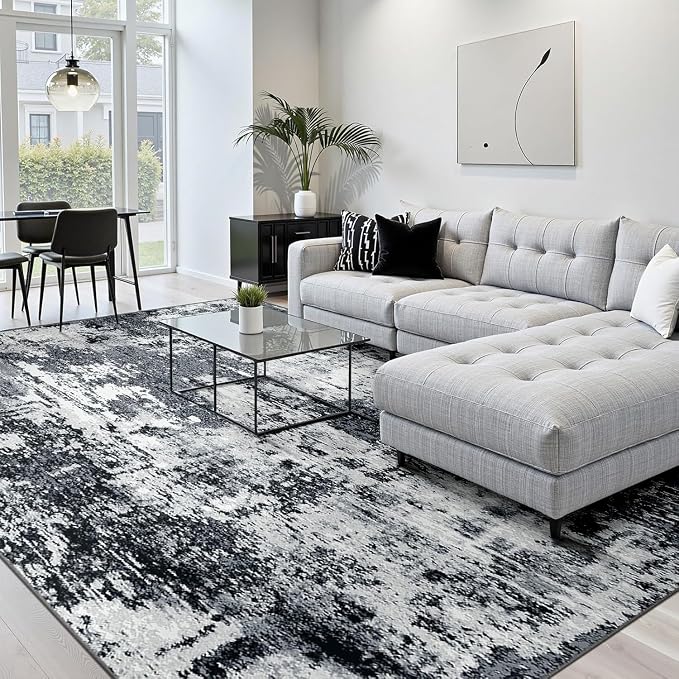 RELEANY Washable Area Rugs 7x10 Non-Slip Modern Abstract Soft for Living Room Entryway Bedroom Kitchen, Print Pattern, Black Navy Blue Gray