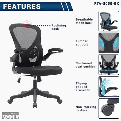 Ergonomic Office Chair with Mesh Back Rest Lumbar Support Flip Up Arms and Swivel, Mid-Back Task Home Office Chair