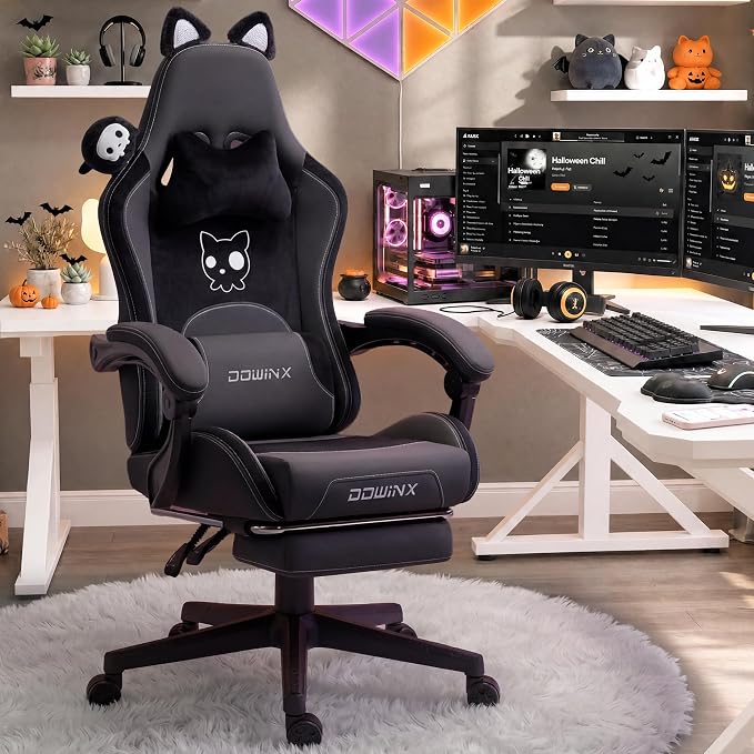 Dowinx Gaming Chair with Cat Ears and Massage Lumbar Support, Ergonomic Computer Chair with Footrest and Headrest, Comfortable Reclining Game Chair 290lbs for Adults, Black