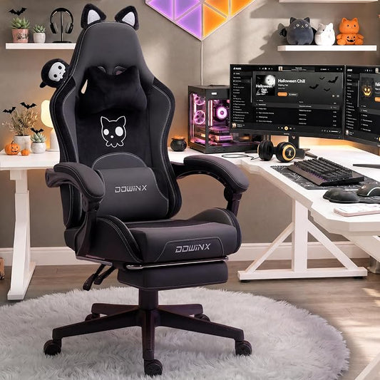 Dowinx Gaming Chair with Cat Ears and Massage Lumbar Support, Ergonomic Computer Chair with Footrest and Headrest, Comfortable Reclining Game Chair 290lbs for Adults, Black
