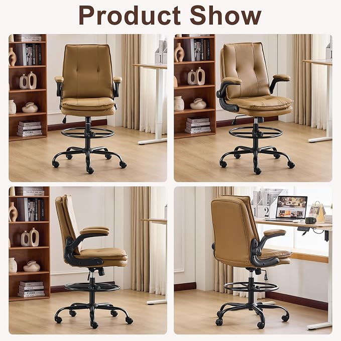 Karl home Tall Drafting Chair, Faux Leather Khaki | 330Lbs Capacity, Tall Office Chair for Standing Desk, Adjustable Height with Foot Ring, Flip-Up Armrests, PU Executive Chair