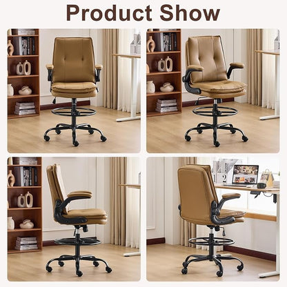 Karl home Tall Drafting Chair, Faux Leather Khaki | 330Lbs Capacity, Tall Office Chair for Standing Desk, Adjustable Height with Foot Ring, Flip-Up Armrests, PU Executive Chair