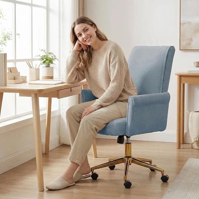 Striped Velvet Office Chair, 360° Swivel Ergonomic Task Chair with High Back, Gold Base and Wheels, Height Adjustable Modern Accent Chair for Home Office, Living Room, Study, Vanity Room (Blue)