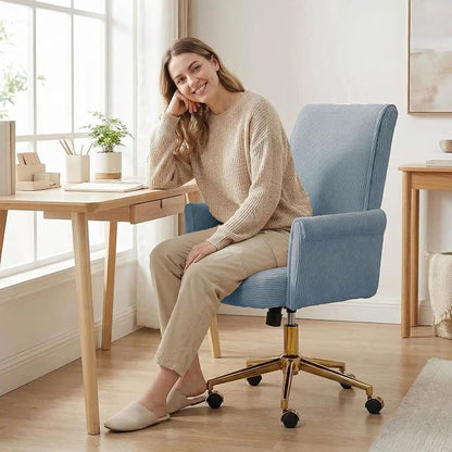 Striped Velvet Office Chair, 360° Swivel Ergonomic Task Chair with High Back, Gold Base and Wheels, Height Adjustable Modern Accent Chair for Home Office, Living Room, Study, Vanity Room (Blue)