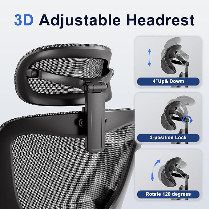 marrap Ergonomic Office Chair, Mesh Seat Cushion with 3D Armrests and 3D Headrest, Adjustable Lumbar Support with 90-120° Rocking Function for Home Office, Black