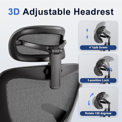 marrap Ergonomic Office Chair, Mesh Seat Cushion with 3D Armrests and 3D Headrest, Adjustable Lumbar Support with 90-120° Rocking Function for Home Office, Black