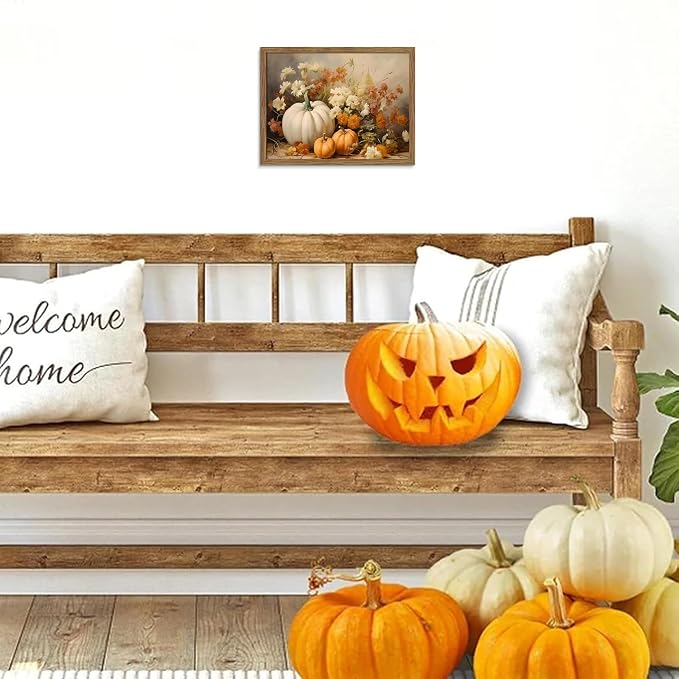 Framed Fall Pumpkin Wall Art - White Pumpkin and Autumn Floral Canvas Print, Rustic Farmhouse Harvest Halloween Thanksgiving Wall Decor for Living Room Bedroom Dining Room, 8x10in Wood Frame