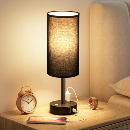 Touch Bedside Table Lamp with Memory - Stepless Dimmable Lamp for Bedroom, Small Nightstand Lamp with Dual USB Charging Ports and AC Outlet, Wood Night Light, Desk Lamp for Nursery, (Black & Black)
