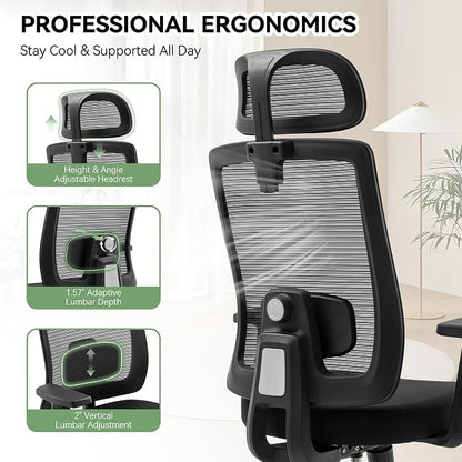 Ergonomic Office Chair Mesh Back, Office Desk Chair with Adjustable Lumbar Support, Rolling Work Chairs with Wheels and 3D Headrest, Set of 4, Black