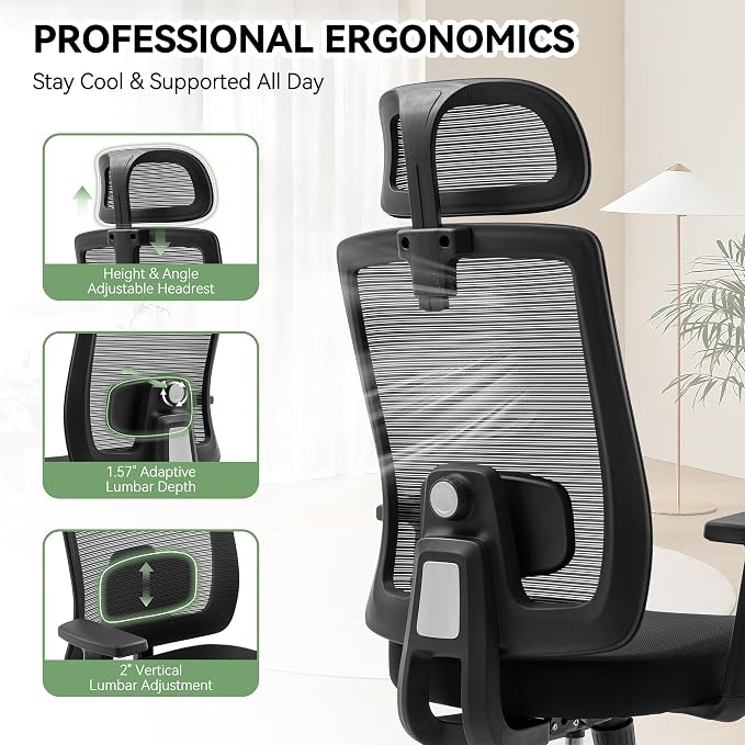 Ergonomic Office Chair Mesh Back, Office Desk Chair with Adjustable Lumbar Support, Rolling Work Chairs with Wheels and 3D Headrest, Set of 2, Black